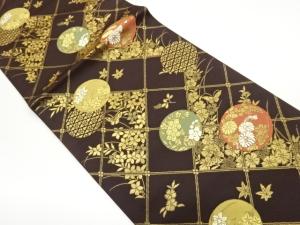 花々・蝶に丸文・襷模様織出し開き名古屋帯（額縁仕立て）